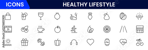 Healthy lifestyle icon set. Contains Icons for diet, exercise, sleep, running, routine, gym, nutrition, cardio exercises, sports supplements, yoga, self-care, culture, and hobbies.