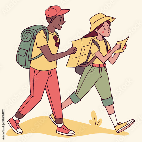 Tourists backpackers learning map searching way. Travelers man and woman hiking adventure, summer vacation trip. Characters travel, choosing walking route in foreign city, Cartoon vector illustration