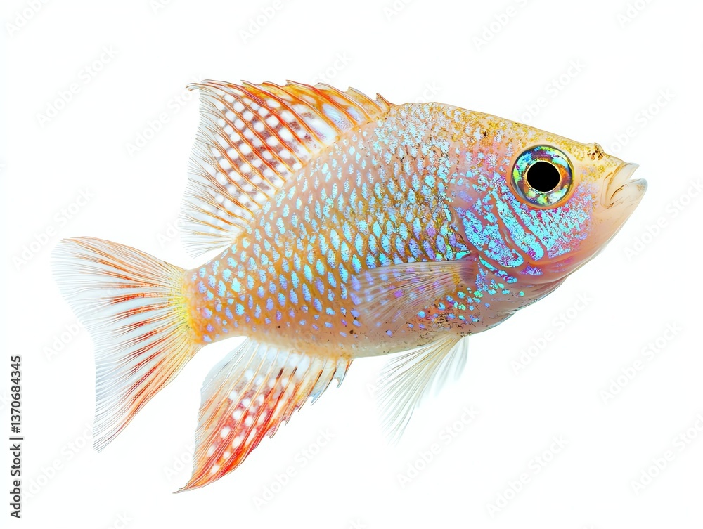 Fototapeta premium Isolated Colorful Ram Cichlid Fish Swimming Against a Clean White Background
