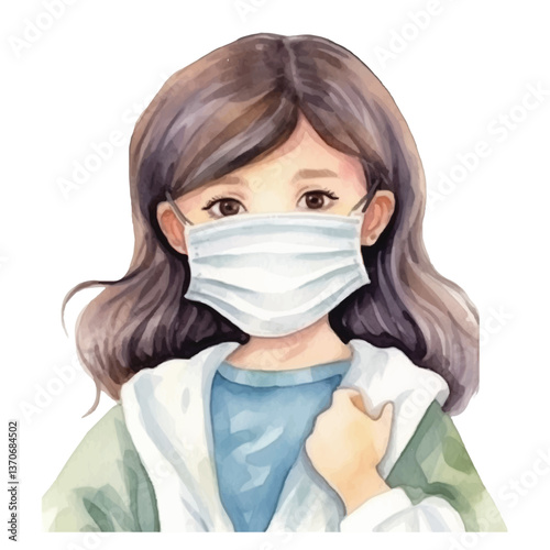 girl wearing medical mask cute watercolors illustration on white background