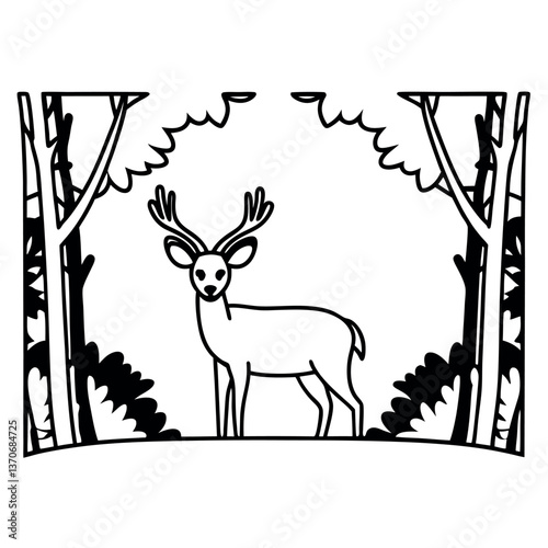 A deer standing in a forest line art.
