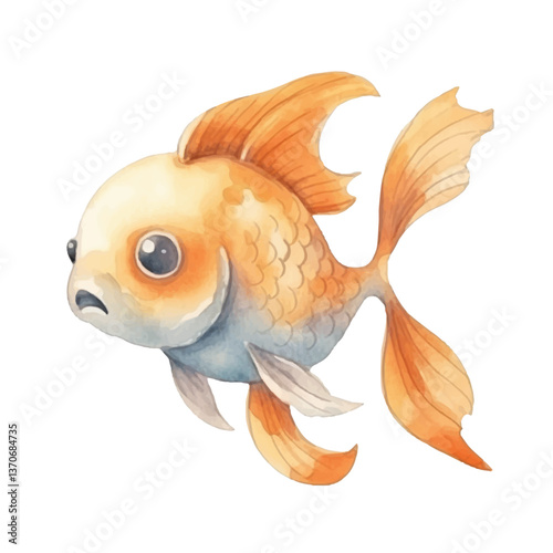 goldfish lionhead swimming cute watercolors illustration on white background