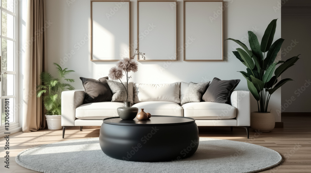 Fototapeta premium white sofa and black coffee table in a sunlit living room