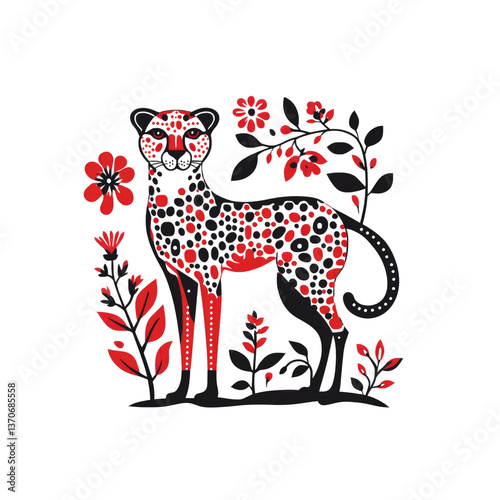 Red and Black Cheetah in Floral Garden - Stylized Animal Illustration