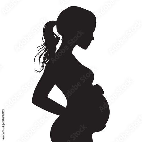 black and white image of a young pregnant girl with wavy hair, side view, graphic, vector, sketch
