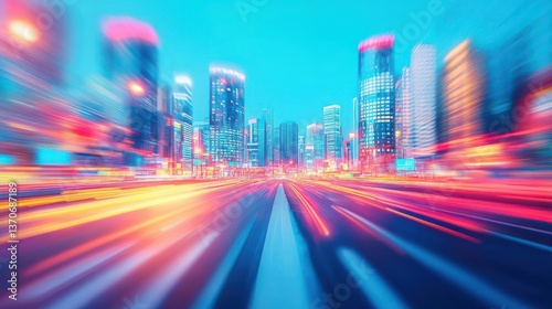 A motion-blurred cityscape with trading algorithms dynamically adjusting reciprocal tariffs