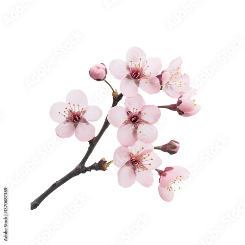 A branch adorned with soft pink cherry blossoms highlights the arrival of spring and the beauty of nature, creating a serene atmosphere.