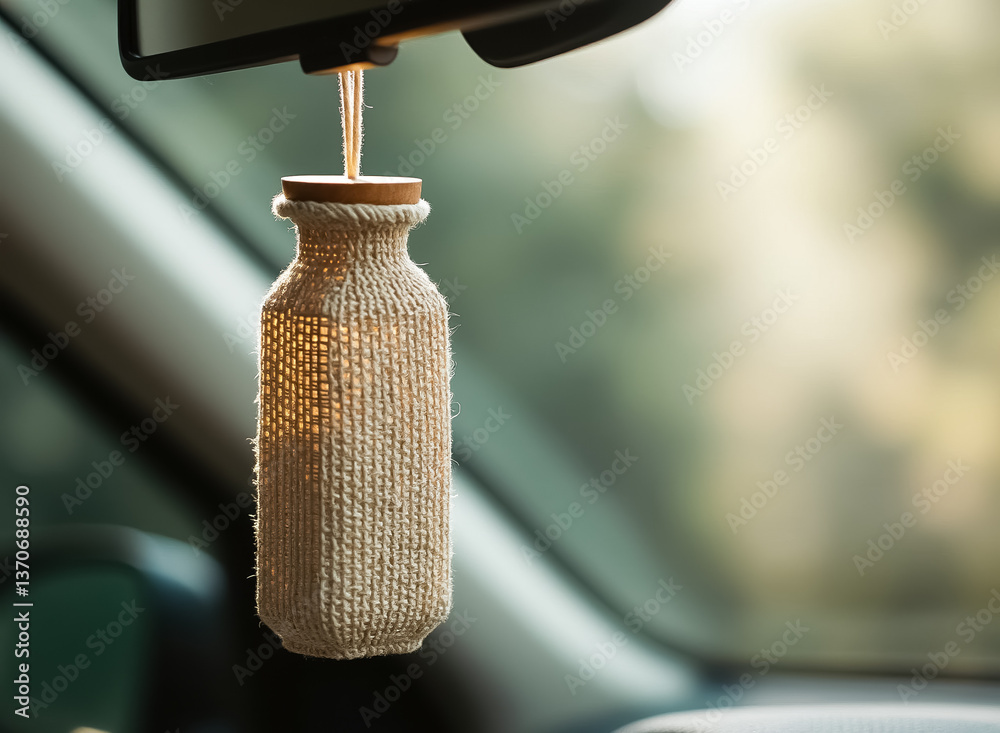 beige knitted car air freshener hanging from rearview mirror