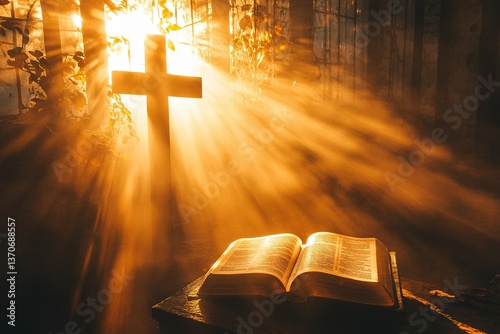 Bright sun light and bible book and the cross silhouette of the Holy Jesus Christ guiding the bright path