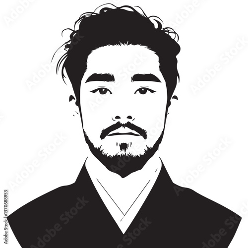 black and white portrait of asian man with short hair,front view,graphic,vector,sketch,korea,
