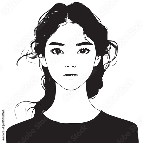 black and white portrait of a beautiful young asian girl,graphics,vector,sketch,korea
