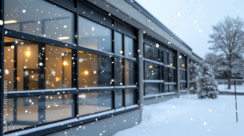 Snow falling on a modern building with large glass windows, illuminated interior visible, winter scene.