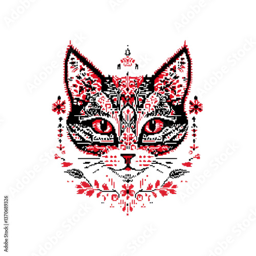 Red and Black Floral Cat Face Design - Mystical Pet Portrait