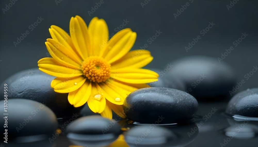 Close-up studio shot of a yellow daisy with water droplets on its petals, resting on a bed of smooth, wet, dark gray stones Close-up studio shot of a yellow daisy with water droplets on its petals, resting on a bed of smooth, wet, dark gray stones