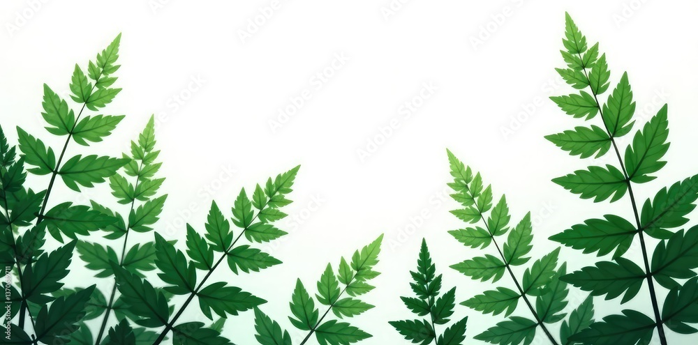 Dark green ferns and branches in isolation on white, simple, foliage Dark green ferns and branches in isolation on white, simple, foliage