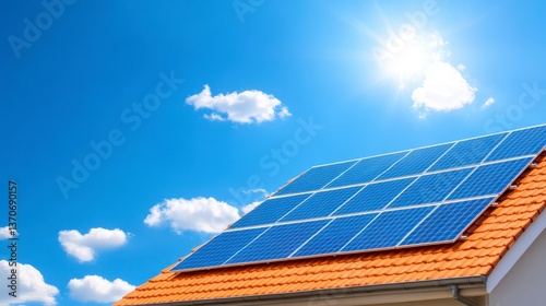 Solar Panels on a Rooftop: The image showcases solar panels installed on a rooftop under a bright, sunny sky with fluffy clouds, representing a commitment to green energy.
