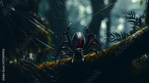 Here's a description of the image: A black spider, possibly a black widow due to the red markings, sits in a shadowed web in a jungle-like setting. This file has been submitted to a website.