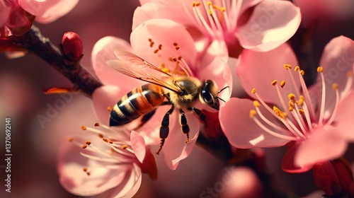 A honeybee, viewed at close range, collects nectar from pink cherry blossoms. This image is a thumbnail preview of a file that has been submitted.