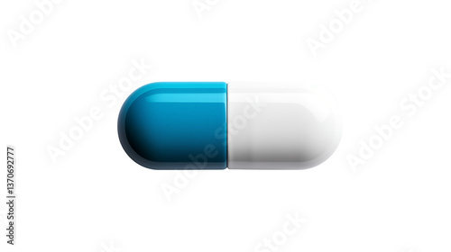 A single blue and white capsule pill isolated on a black background in a horizontal view
