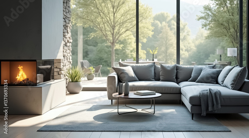modern living room with gray sectional sofa and fireplace bathed in sunlight