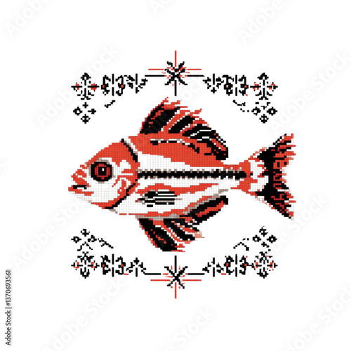 Stylized Pixel Art Red Fish with Floral Frame