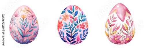Collection of watercolor Easter egg mandalas concept. Three beautifully decorated eggs featuring intricate floral patterns in vibrant colors