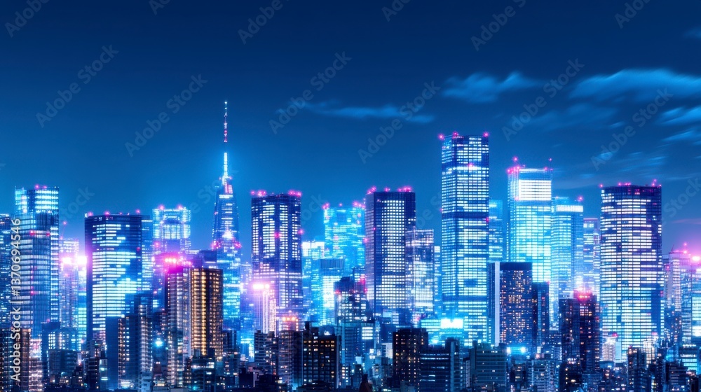 Night cityscape with skyscrapers illuminated in blue, pink, and white lights against a dark blue night sky with clouds. The city skyline is dense and features various building heights and designs. Night cityscape with skyscrapers illuminated in blue, pink, and white lights against a dark blue night sky with clouds. The city skyline is dense and features various building heights and designs.
