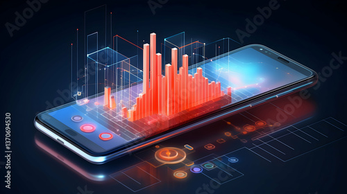 Mobile phone displaying vibrant 3D financial charts soaring high, illustrating growth and success with a dark, sleek background and glowing neon accents.