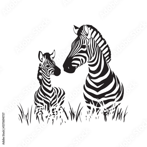 zebra with baby kissing on white background,side view,black and white graphics,vector
