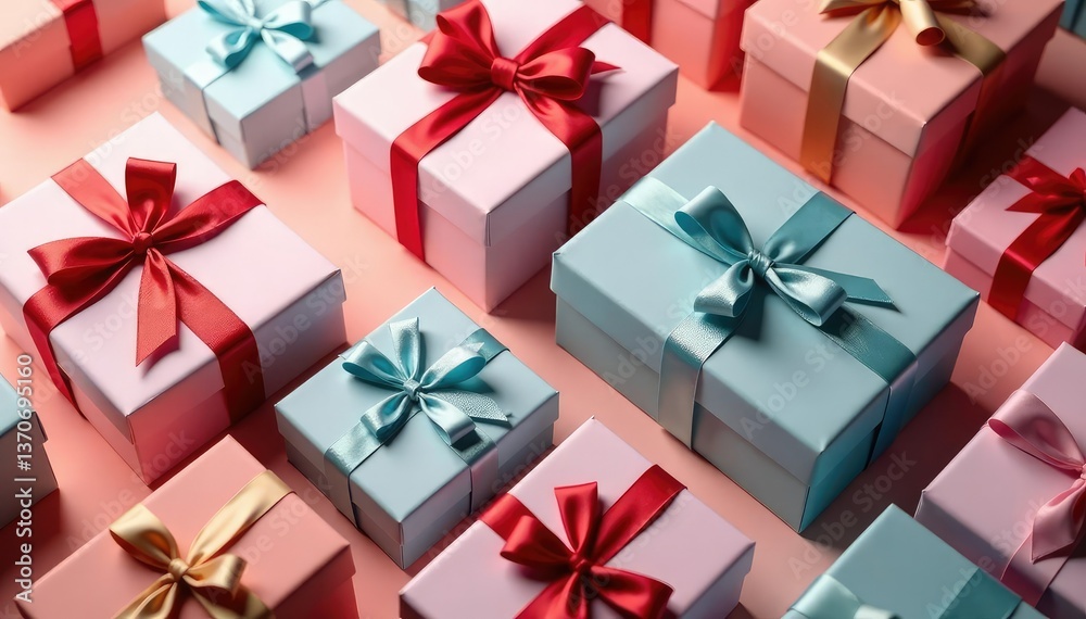 Elegant ribbon-tied gift boxes, repeating pattern, colorful, style Elegant ribbon-tied gift boxes, repeating pattern, colorful, style