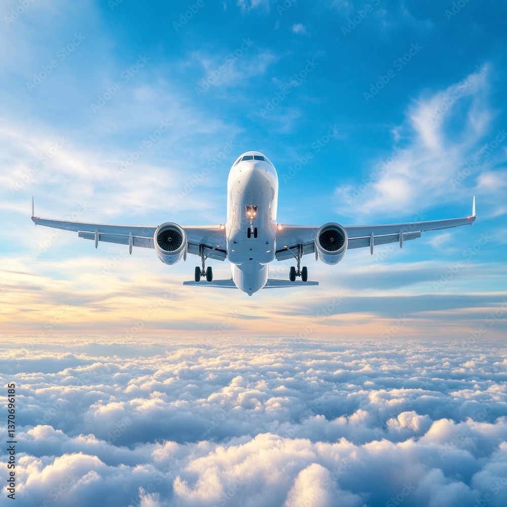 Fototapeta premium White passenger airplane flying above fluffy clouds during a vibrant sunset. The aircraft is captured from a low angle, showcasing its detailed structure against a backdrop of warm toned skies.