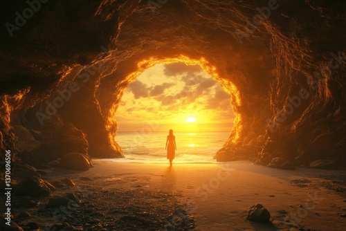 A beautiful woman in the distance, wearing a light dress and walking out of an ancient cave on some rocks near water