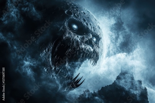 Dark and ominous creature emerges from stormy clouds under a moonlit sky