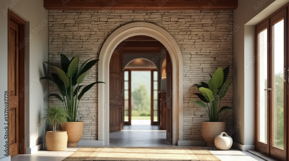 sunlit hallway with stone wall and potted plants