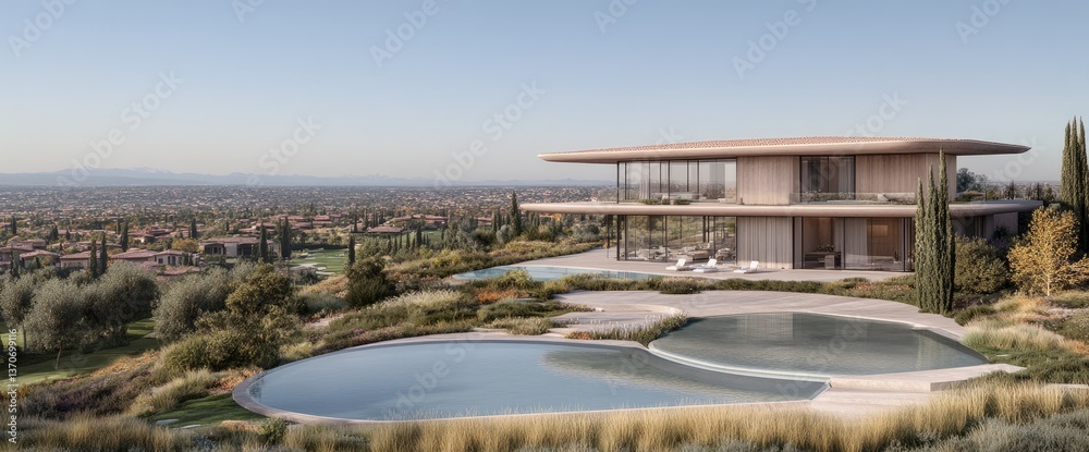 Fototapeta premium Modern two-story home with a pool on a hillside overlooking a town with a clear sky