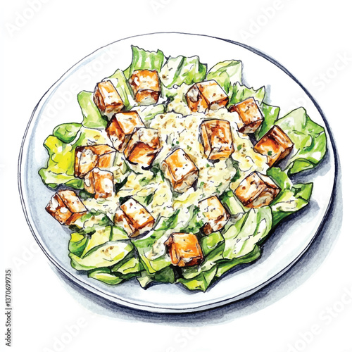 watercolor copic marker concept sketch of Caesar Salad