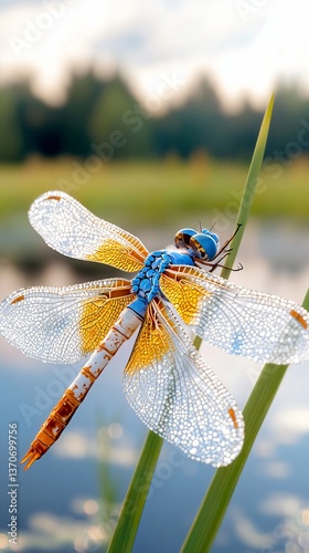 Wallpaper Mural Vibrant Blue Dragonfly Perched on Green Reeds Near Serene Water Body Under Soft Natural Light Torontodigital.ca