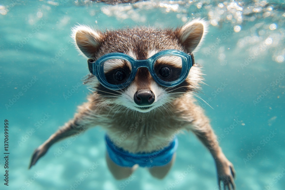Fototapeta premium Raccoon dives into ocean wearing swim shorts and goggles for an adventurous underwater experience