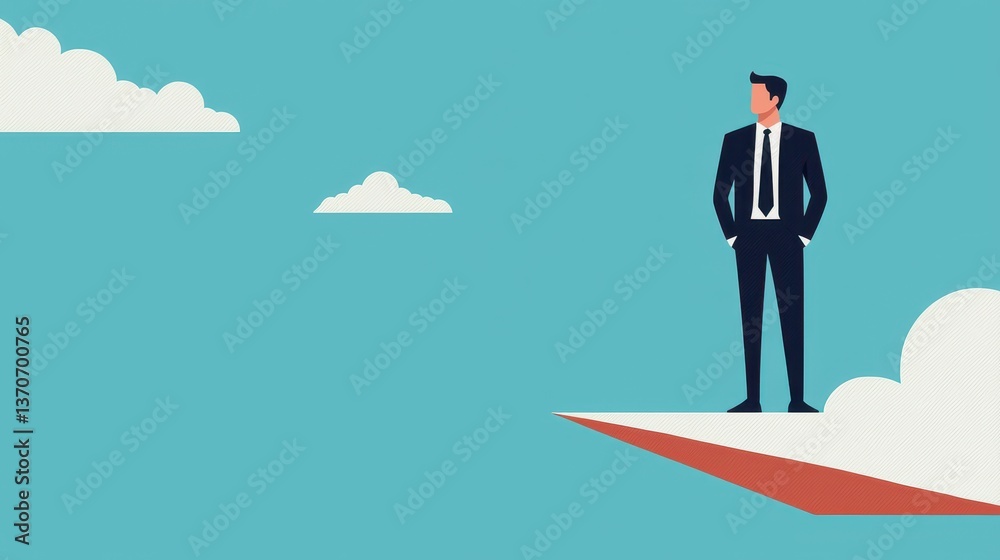 A businessman stands confidently on a ledge against a blue sky, symbolizing ambition and determination amidst clouds. A businessman stands confidently on a ledge against a blue sky, symbolizing ambition and determination amidst clouds.
