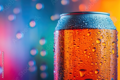 Classic soda can glistening with condensation against a vibrant, colorful background showcasing reflections and high contrast elements
