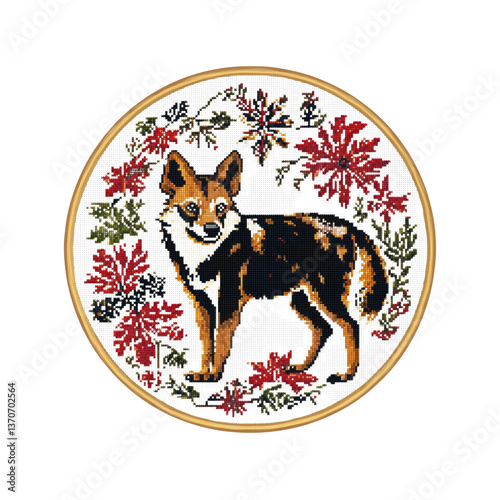 Cross-Stitch Artwork Dingo Amidst Autumnal Floral Wreath