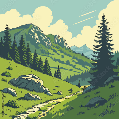 landscape of mountains and green hills. Summer nature landscape with rocks, forest, grass, sun, sky and clouds. National park or reserve. Vector illustration in flat style