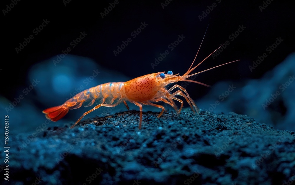 Close-up of an orange shrimp on a dark blue rock, underwater. The shrimp is small and detailed, with visible antennae and legs. The background is dark and blurry Close-up of an orange shrimp on a dark blue rock, underwater. The shrimp is small and detailed, with visible antennae and legs. The background is dark and blurry