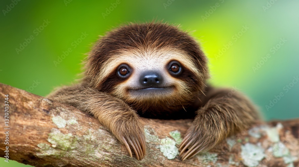 Fototapeta premium Close up of an adorable baby sloth resting on a tree branch against a blurred green background. The sloth has dark brown fur and large, expressive eyes.