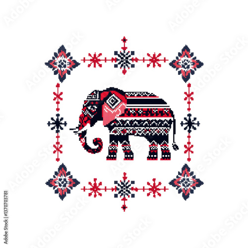 Ornate Red and Black Elephant with Geometric Border Design