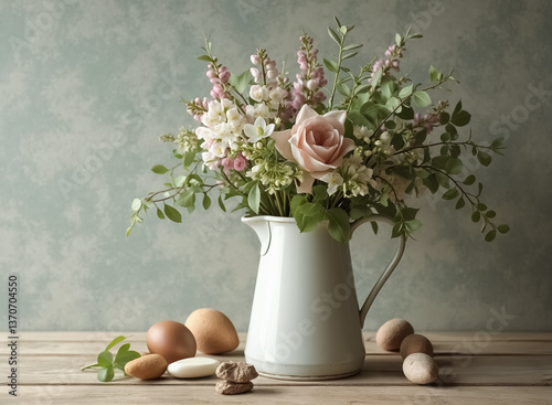 Obraz na płótnie pastel flower bouquet in white pitcher w salonie