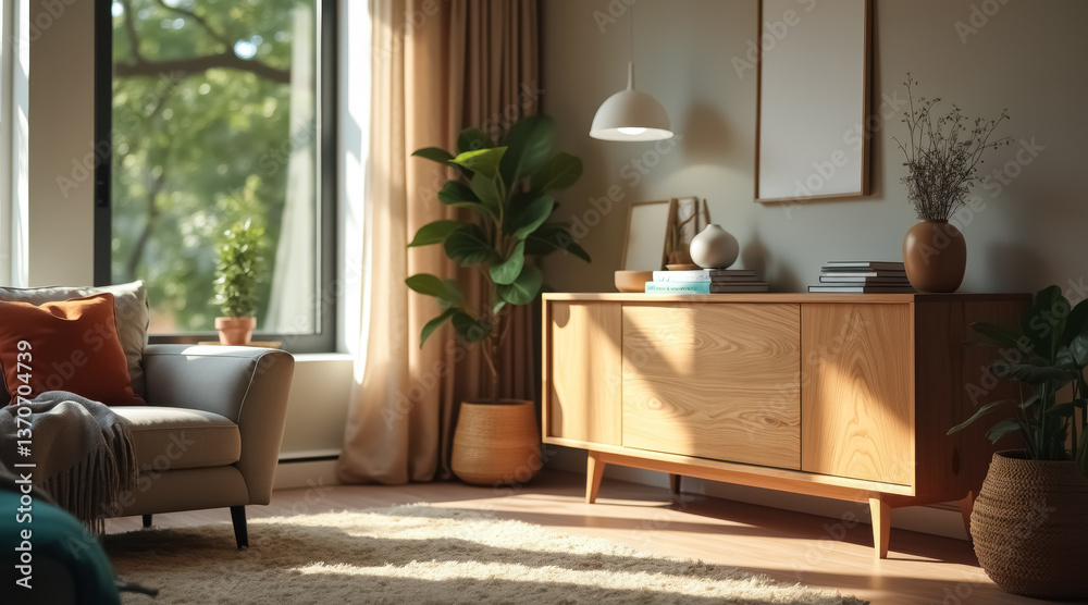 Fototapeta premium sunlit living room with modern sofa and light wood cabinet