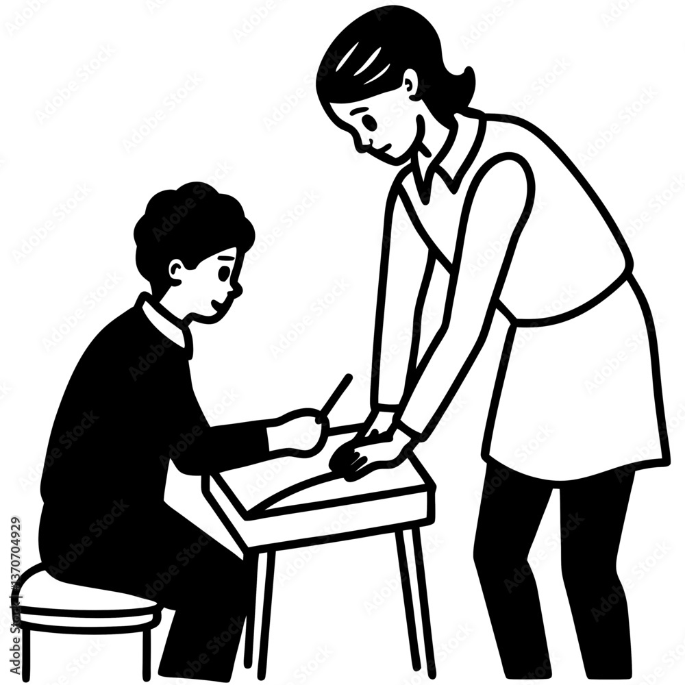 A silhouette of a teacher assisting a student with homework, bending down to offer guidance A silhouette of a teacher assisting a student with homework, bending down to offer guidance