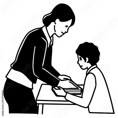 A silhouette of a teacher assisting a student with homework, bending down to offer guidance