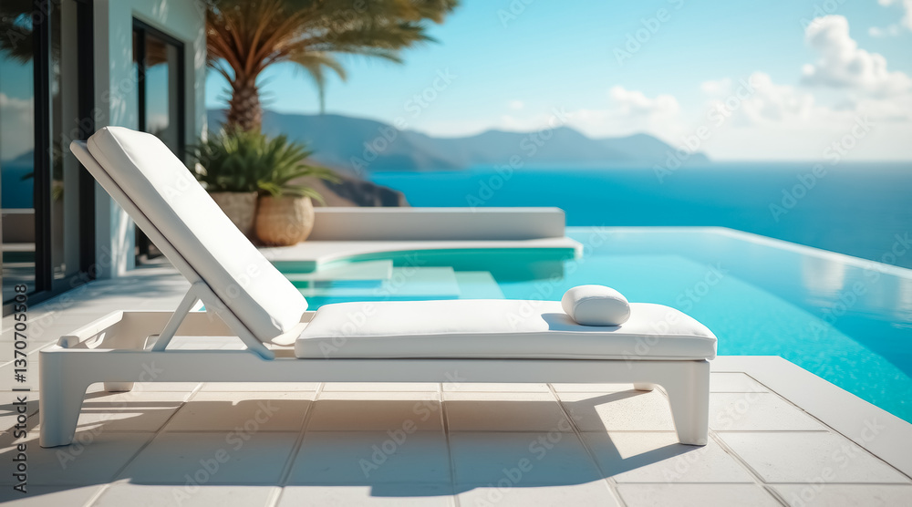 Fototapeta premium white chaise lounge by infinity pool overlooking ocean